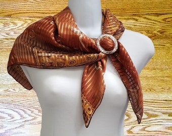 Luxury Stripe Square Scarf with Slide Included, Beautiful Hieroglyphic on Bronze, Brown & Gold Color Scarf  27X27 Inches #2039