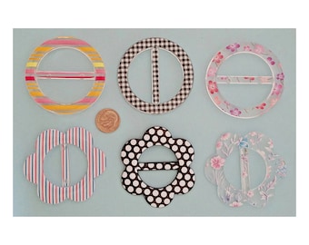 6 Assorted Scarf Slide/Ring/Clip or T-Shirt/Buckle/Ring. Assorted Shapes & Designs. Round, Flower, Shape, Dots, Stripes, Floral. 05082