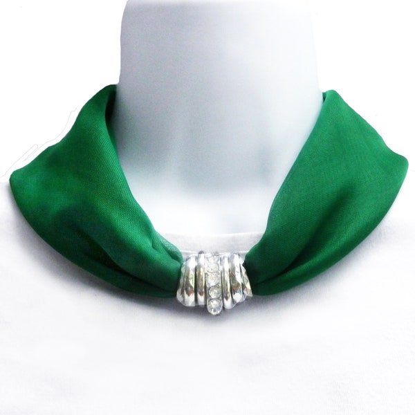 Christmas Scarf Necklace with Sparkly Rhinestones & Silver Slider Rings. Irish Emerald Green Scarf