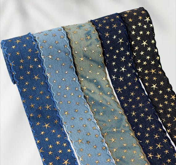 Denim Star Ribbon Embossed Jean Trim 25mm 38mm, Vintage Denim Ribbon, 3D Star Fabric Trim, DIY Hair Bows, Sewing Accessories(Sold by yards)
