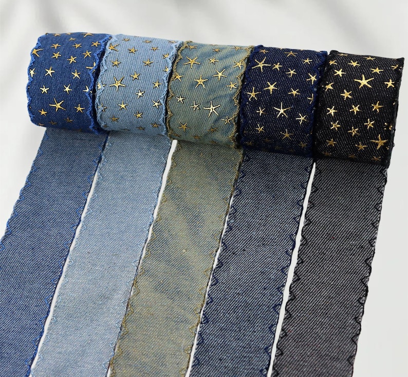 1.	Denim ribbon with embossed star pattern 
2.	Vintage washed denim ribbon for DIY crafts 
3.	3D star textured ribbon close-up 
4.	Blue jean ribbon with decorative edge trim 
5.	Black denim ribbon for fashion accessories 
6.	Textured ribbon for hair bow making 
7.	Assorted denim ribbons in multiple shades 
8.	Fabric ribbon for clothing embellishment 
9.	Stylish denim trim for handmade projects 
10.	Wide denim ribbon rolls for crafts
