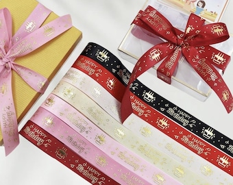 Ruban Joyeux anniversaire Ruban satiné feuille d'or, Ruban d'emballage cadeau d'anniversaire, Ruban d'emballage de gâteau, Noeuds pour cheveux à faire soi-même, Décoration de fête
