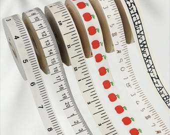 Back to School Cotton Ribbon 16mm Apple ABC Ruler Print Ribbon, School Theme Gift Wrapping, Teacher Gift Ribbon, DIY Hair Bows