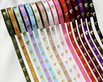 Heart Ribbon 10mm Gold Foil Ribbon Valentine Ribbon, Love Heart Ribbon for Gift Wrapping, DIY Hair Bows, Wedding Decoration(Sold by Meter)
