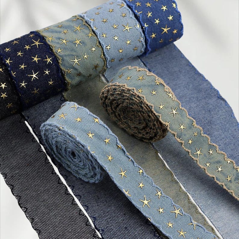1.	Denim ribbon with embossed star pattern 
2.	Vintage washed denim ribbon for DIY crafts 
3.	3D star textured ribbon close-up 
4.	Blue jean ribbon with decorative edge trim 
5.	Black denim ribbon for fashion accessories 
6.	Textured ribbon for hair bow making 
7.	Assorted denim ribbons in multiple shades 
8.	Fabric ribbon for clothing embellishment 
9.	Stylish denim trim for handmade projects 
10.	Wide denim ribbon rolls for crafts