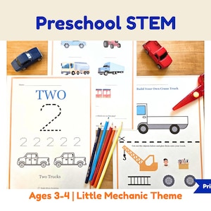 May include: Preschool STEM activity sheets with a Little Mechanic theme. Includes printable pages for tracing numbers and building a crane truck. Features toy cars, colored pencils, and scissors. Ages 3-4.