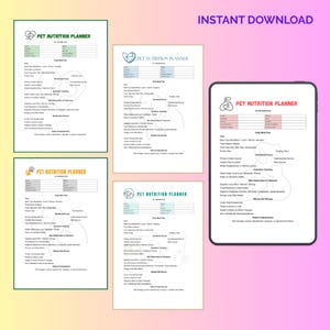 May include: A digital download featuring a pet nutrition planner. The design includes multiple pages with sections for daily meal plans, nutritional facts, and weekly diet reviews. The text "PET NUTRITION PLANNER" is displayed at the top of each page.