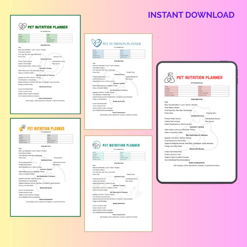 May include: A digital download featuring a pet nutrition planner. The design includes multiple pages with sections for daily meal plans, nutritional facts, and weekly diet reviews. The text "PET NUTRITION PLANNER" is displayed at the top of each page.