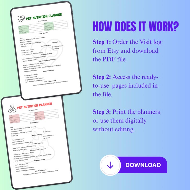 May include: Two digital pet nutrition planner templates on tablets, with the text "PET NUTRITION PLANNER". The image includes instructions: "HOW DOES IT WORK?" and "DOWNLOAD". The background is a gradient of blue and purple.