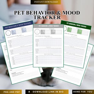 Può includere: Un insieme di fogli stampabili per il monitoraggio del comportamento e dell'umore degli animali domestici. Ogni foglio presenta sezioni per le informazioni sull'animale, i controlli giornalieri dell'umore e le osservazioni sul comportamento. Disponibile in PNG e PDF.