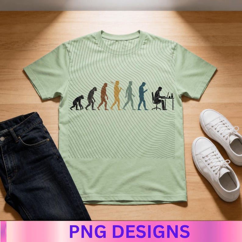 May include: A light green short-sleeve t-shirt featuring a graphic print of human evolution, progressing from a primate to a person sitting at a desk with a computer. The background of the graphic consists of thin, wavy black lines.