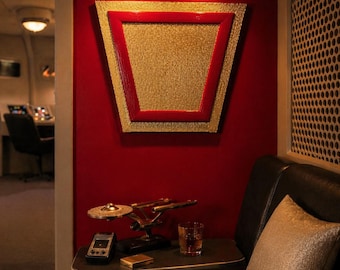 Title: The Tantalize Device — Gold & Red Abstract Wall Artifact | Retro Sci-Fi Object