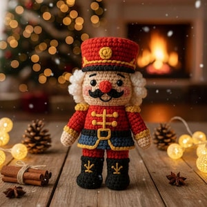 Peut inclure: Une poupée casse-noisette crochetée avec une veste rouge à bordures jaunes, une ceinture bleue, des bottes noires à broderies jaunes, un chapeau rouge, des cheveux blancs bouclés, une moustache noire et un nez rouge, posée sur du bois.