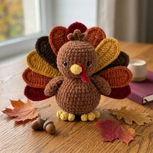 May include: A crocheted turkey figurine featuring a round brown body, a yellow beak, a red wattle, and black eyes. The turkey has a fanned tail made of layered, crocheted feathers in shades of dark brown, mustard yellow, and burnt orange.