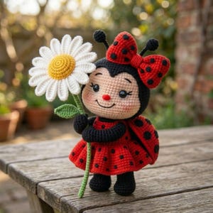 Könnte beinhalten: Eine gehäkelte Marienkäfer-Puppe mit einem rot-schwarz gepunkteten Kleid, einer passenden Schleife auf dem Kopf und einem beigen Gesicht. Die Puppe hält eine große weiße Margerite mit gelber Mitte, die einen grünen Stiel und Blätter aus Garn hat.