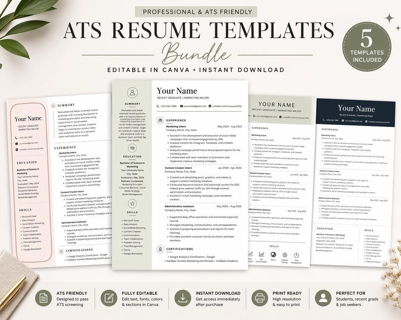 ATS Resume Template Bundle | 5 Editable Canva CV Templates (digital ...