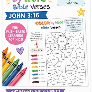 May include: A colorful educational activity sheet titled "Color by Word Bible Verses" with the text "John 3:16". Includes a color key and a coloring page with the Bible verse. Also features a set of crayons in various colors.