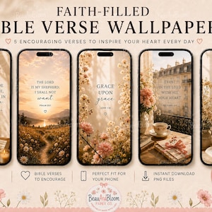 May include: Five digital phone wallpapers featuring faith-filled Bible verses. Each design displays unique imagery including open books, floral arrangements, and landscapes with text such as Abide in me, Grace upon grace, and Be still and know that I am God.