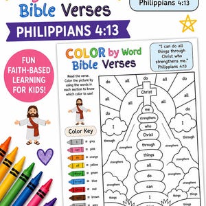 Peut inclure: Une feuille d'activité éducative colorée intitulée "Color by Word Bible Verses" avec le texte "Philippiens 4:13". La feuille comprend une clé de couleurs, une image à colorier et une citation. Des crayons de différentes couleurs sont disposés à gauche.