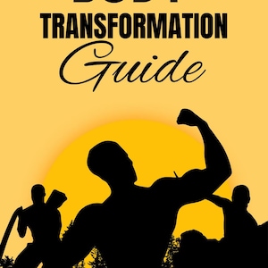 May include: A book cover with the title "BODY TRANSFORMATION Guide" in bold black letters and a stylized script font. Silhouetted figures of people exercising are set against a yellow and orange gradient background, suggesting a sunset or sunrise.
