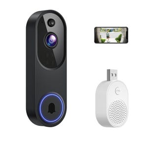 Może przedstawiać: Czarny inteligentny dzwonek do drzwi z kamerą, niebieską podświetlaną ikoną dzwonka i białym głośnikiem ze złączem USB. Smartfon wyświetla transmisję wideo na żywo osoby na zewnątrz.