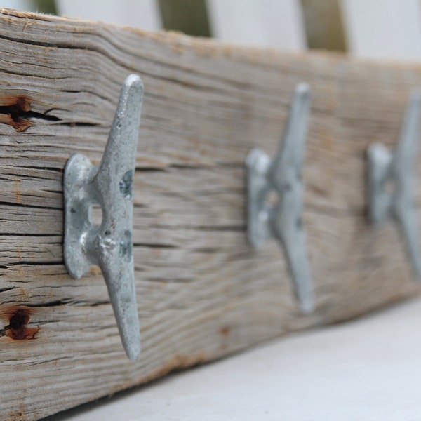 Nautical coat rack with boat cleats, made from reclaimed wood, 18" with 3 cleats