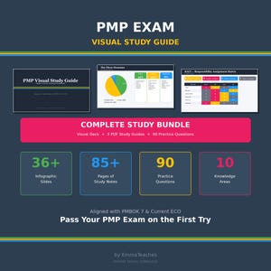 May include: A digital study guide for the PMP exam. The image features the text "PMP EXAM VISUAL STUDY GUIDE" and "COMPLETE STUDY BUNDLE". It includes 36+ infographic slides, 85+ pages of study notes, 90 practice questions, and 10 knowledge areas.