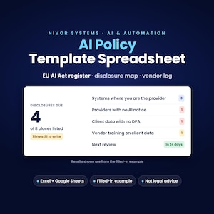 AI Policy Template Spreadsheet, EU AI Act Register and Disclosure Map, Google Sheets & Excel