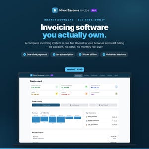 May include: Nivor Systems Invoice PRO software interface displayed on a laptop screen. The dashboard shows financial metrics, revenue charts, and recent invoices. Text includes Invoicing software you actually own, One-time payment, No subscription, Works offline, and Unlimited invoices.