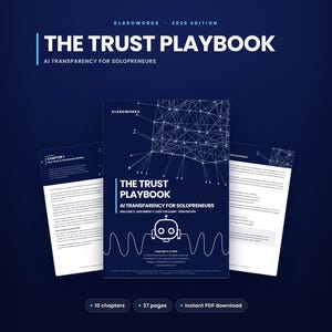 Op de afbeelding: Een digitaal document getiteld The Trust Playbook: AI Transparency for Solopreneurs, editie 2026. De omslag bevat een wit netwerkdiagram, een roboticoon en golvende lijnen op een donkerblauwe achtergrond, geflankeerd door twee paginavoorbeelden.