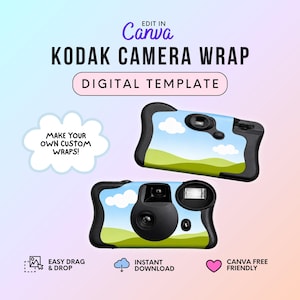 Könnte beinhalten: Zwei Kodak Kamera-Wraps mit einem Landschaftsdesign aus blauem Himmel, weißen Wolken und grünen Hügeln. Der Text lautet "KODAK CAMERA WRAP DIGITAL TEMPLATE" und "MAKE YOUR OWN CUSTOM WRAPS!" mit Symbolen für einfaches Drag & Drop.
