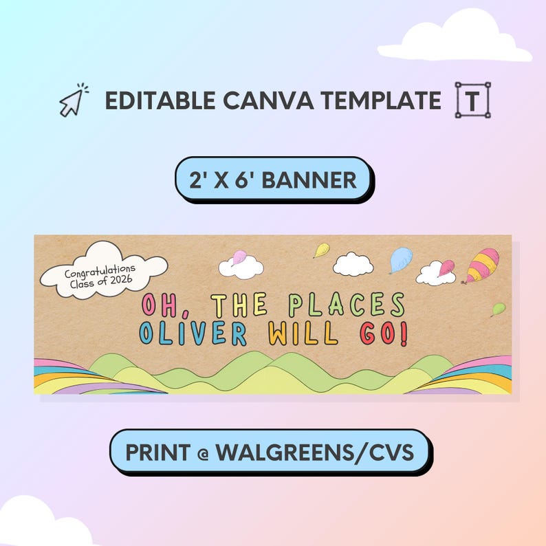 Oh the Places You'll Go Banner Editable Template | 2x6 Canva Digital ...