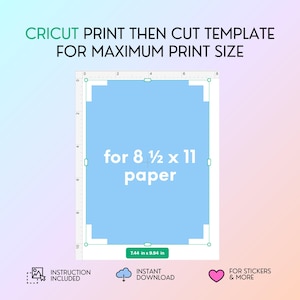 Puede incluir: Una plantilla Cricut Print Then Cut para papel de 8,5 x 11 pulgadas. El gráfico presenta un rectángulo azul claro con marcadores de esquina blancos y una etiqueta verde que indica 18,9 cm x 25,2 cm. El texto incluye Instruction Included, Instant Download y For Stickers & More.