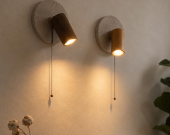 Walnuss-Wandleuchte, Naturstein-LED-Wandleuchte mit Zugkette, drehbarer Holzstrahler für Japandi Schlafzimmer, Flur und Wohnzimmerdekor
