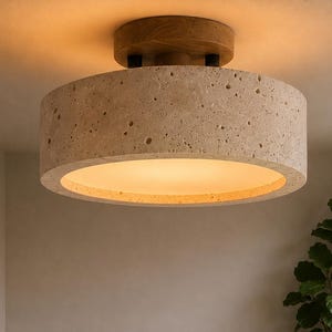 Travertine Flush Mount Ceiling Light, Wood Base Stone Lamp, Japandi Wabi Sabi Low Profile Hallway Bedroom Lighting, Warm Modern Home Decor