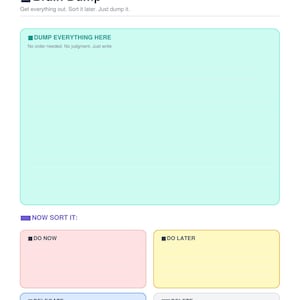 Può includere: Una pagina di pianificazione digitale intitolata ADHD PLANNER designed for the way your brain works. Presenta un'ampia sezione Brain Dump verde chiaro, seguita da quattro riquadri colorati più piccoli etichettati DO NOW, DO LATER, DELEGATE e DELETE.