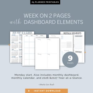 Può includere: Un set di nove pagine stampabili per agenda A5 con layout settimana su due pagine ed elementi dashboard. Include una panoramica dell'anno 2026, una dashboard mensile e un calendario con inizio lunedì. Il testo riporta A5 PLANNER PRINTABLES, WEEK ON 2 PAGES with DASHBOARD ELEMENTS, 2026 YEAR AT A GLANCE, MONTHLY DASHBOARD, 9 PAGES e INSTANT DOWNLOAD.
