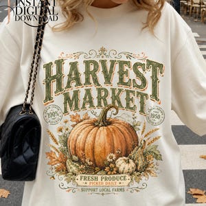 Kürbis-PNG vom Erntemarkt, Vintage-Shirt-Design mit Kürbismotiv, Herbstliche Sublimationsdrucke vom Bauernhof, Retro-Herbstgrafik