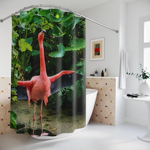 Rideau de douche motif flamant rose | Décoration de salle de bain oiseau tropical