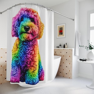 Rainbow doodle cockapoo  Shower Curtain | Colorful Dog Bathroom Decor