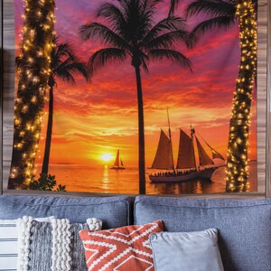 Tropical Sunset Sailboat Indoor Wall Tapestry | Palm Trees, String Lights