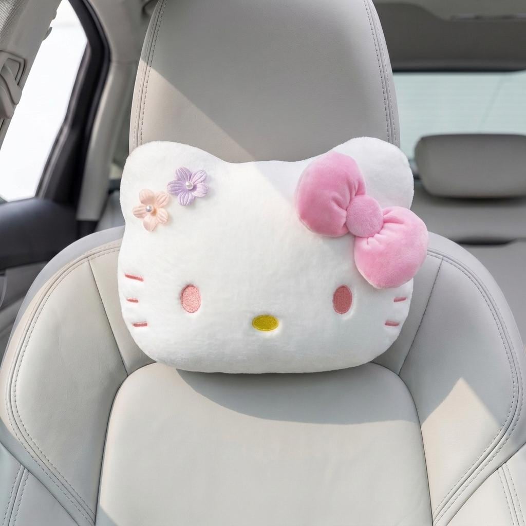 Cute Cat Car Neck Pillow with Pink Bow, Plush Headrest Cushion, Kawaii Animal Car Decor, Soft Travel Neck Support, Gift for Her