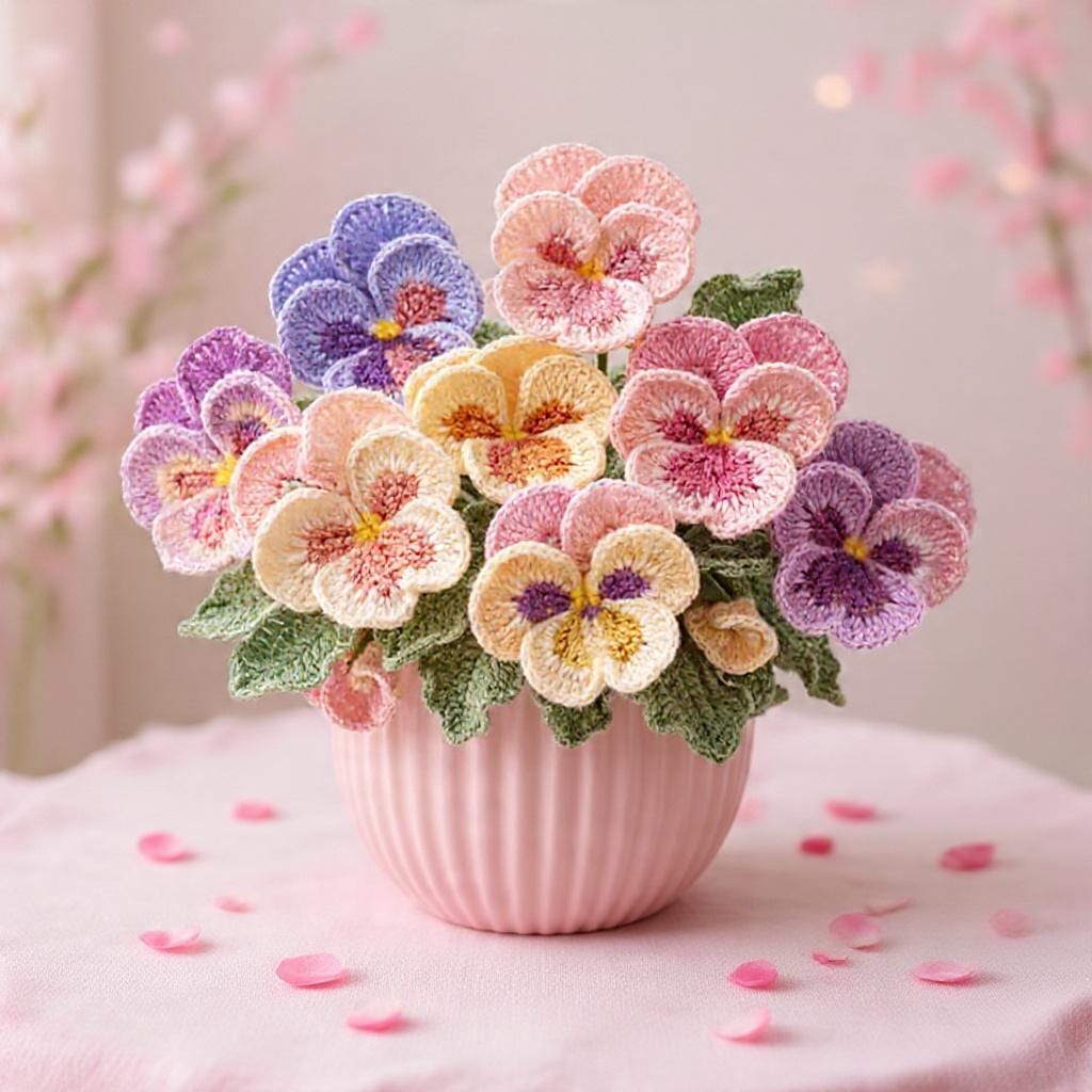 30 Pansy Crochet Patterns for Flowers, Decor, and Wearable Details 31 Crochet Pansy Bouquet Pattern in Pot