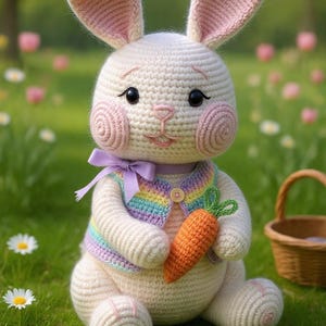 Könnte beinhalten: Ein handgehäkelter Hase mit einer Regenbogenweste und einer orangefarbenen Karotte. Der Hase hat rosa Akzente an Ohren und Wangen und sitzt in einem grasbewachsenen Feld mit Gänseblümchen und einem Korb. Der Hase ist etwa 25 cm groß.