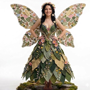 May include: A woman wearing a handmade fairy costume. The dress and wings are crafted from green, beige, and pink crocheted leaves and flowers. The fairy has a floral crown and bracelets. The costume is displayed on a mossy surface.