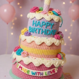 Può includere: Una torta di compleanno a tre piani, all'uncinetto, nei colori pastello. La torta presenta uno strato superiore viola con "HAPPY BIRTHDAY" in filo blu. Lo strato intermedio è a righe gialle e rosa, e lo strato inferiore ha uno striscione con scritto "MADE WITH LOVE".