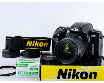 Cámara réflex Nikon F60 vintage, casi nueva, de película de 35 mm, con objetivo AF28-80 mm F3.5-5.6D, fabricada en Japón.