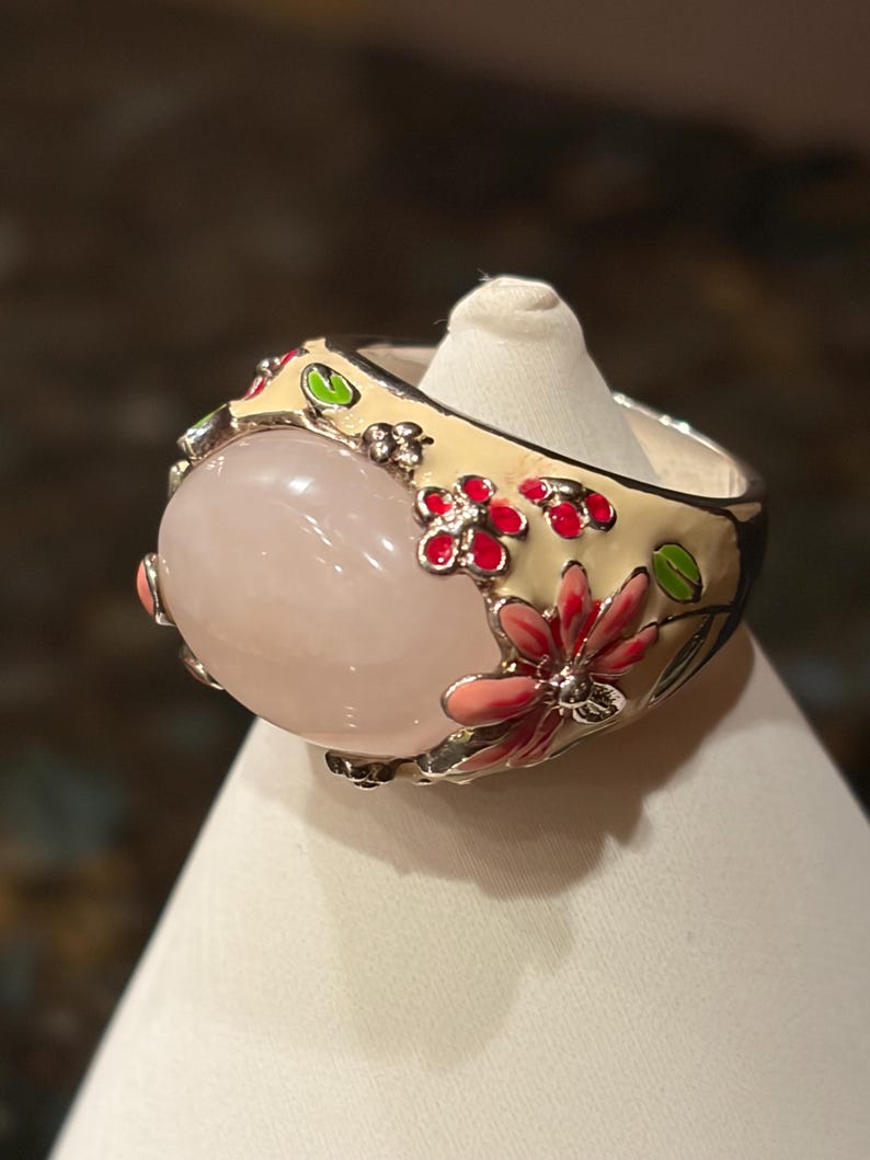 Rose Quartz Statement Ring Large Pink Cabochon Floral Enamel Cocktail ...