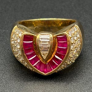 Anel vintage de ouro maciço 18K com rubi e diamante, tamanho 7.