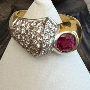 Anillo vintage de oro de 18 quilates con rubí y diamantes / Anillo de colección con rubí y diamantes naturales / Joyería fina bicolor / Talla 5 / 7 gramos